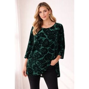 NWT Silk Lore Beth Terrell Green Floral Burnout Silk Velvet Tunic Top 1X NWT